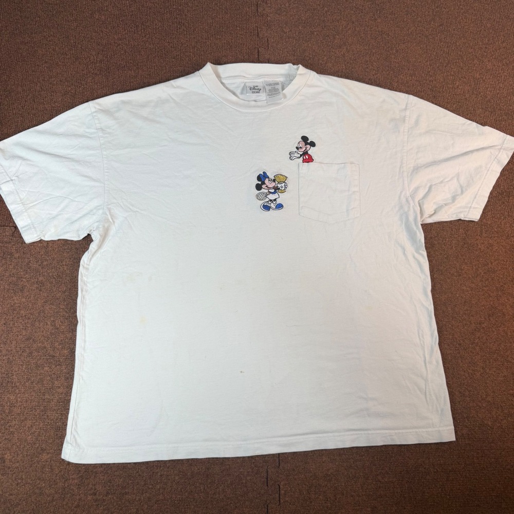 Disney Store Mickey Minnie Mouse Tennis Pocket T-Shirt White XXL Embroidered 90s